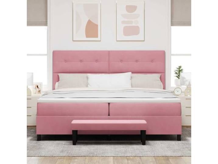 KTHLBRH Doppelbett Rosa 200 x 200 cm Samt Gepolstertes Kopfteil, Holzgestell, Matratze aus Schaumstoff, modernes Design