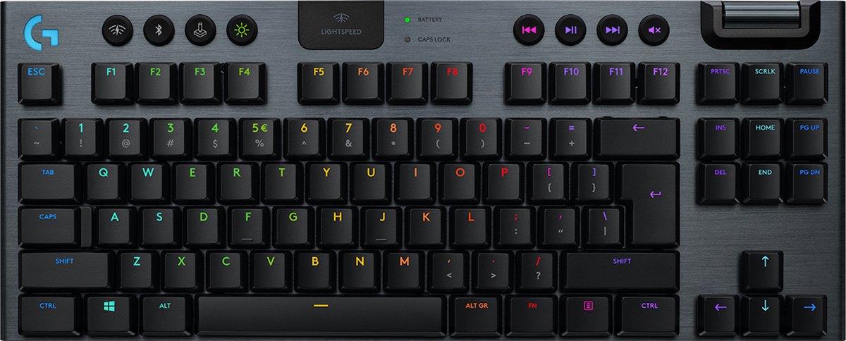Logitech G G915 TKL, Kabelgebunden, RF Wireless + Bluetooth, Mechanischer Switch, QWERTY, RGB-LED, Karbon