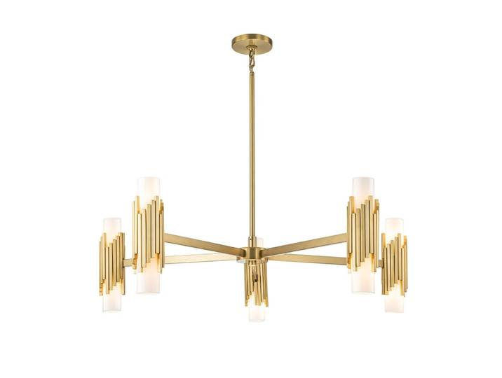 Lustre 10 Lumières Acier, Globe en Verre Opalin