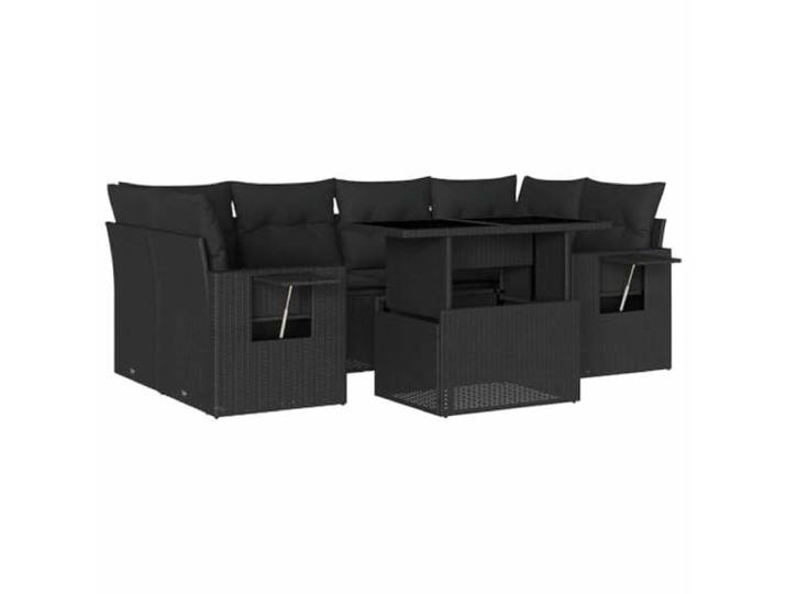 PUGYNBK Garten-Sofa-Set, 7-teilig, mit Kissen, Schwarz PE-Kunstrattan, verstellbare Tischplatte, klappbarer Beistelltisch, modulares Design