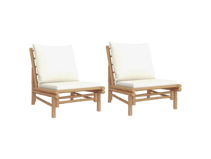 vidaXL Gartenstühle 2 Stk. Mit Cremeweissen Kissen Bambus, Naturmaterialen, Rechteckig, 86x73.5x60 cm, Gartenmöbel, Loungemöbel, Loungesessel
