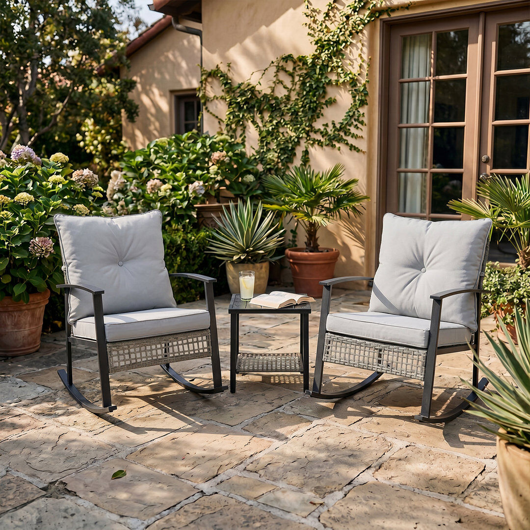 Caldion 3-Piece Rattan Rocking Bistro Set with Double-Tier Table - Outdoor Water Resistant Patio Set Grey