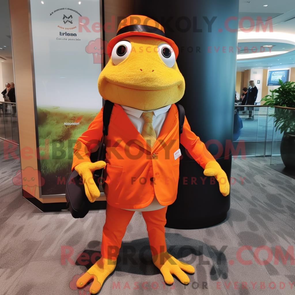 Maskottchen REDBROKOLY eines orangefarbenen Frosches mit Jacke und Aktentasche