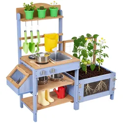 VEVOR Spielküche, Kinderküche, Spielzeugküche aus Holz mit Pflanzkasten, Wassertank, Spülbecken, Kochgeschirr & Zubehör, Holzküche für Rasen & Garten, für Kinder ab 3 Jahren, 1060x370x995mm