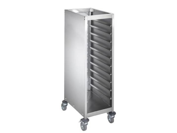 GastroHero Tablettwagen, geschlossen, 10 Tabletts, Edelstahl TWG10-35X45 Tabletts 355x455 mm, 130 mm Abstand zwischen den Schienen, 4 Lenkräder Ø 100 mm, davon 2 Räder mit Bremse, 41x89x166 cm