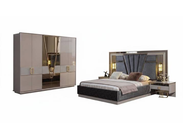 JVmoebel Schlafzimmer-Set Schlafzimmer Set Modern Beige Goldeinsätze Designer-Schlafzimmer Holz, (3-tlg)