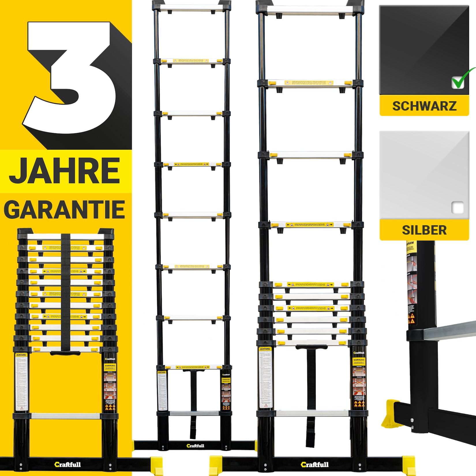 Craftfull Teleskopleiter CF-101A, Ausziehleiter aus Aluminium, Finger-Protection, viele Größen (4.4 Meter Black Edition)
