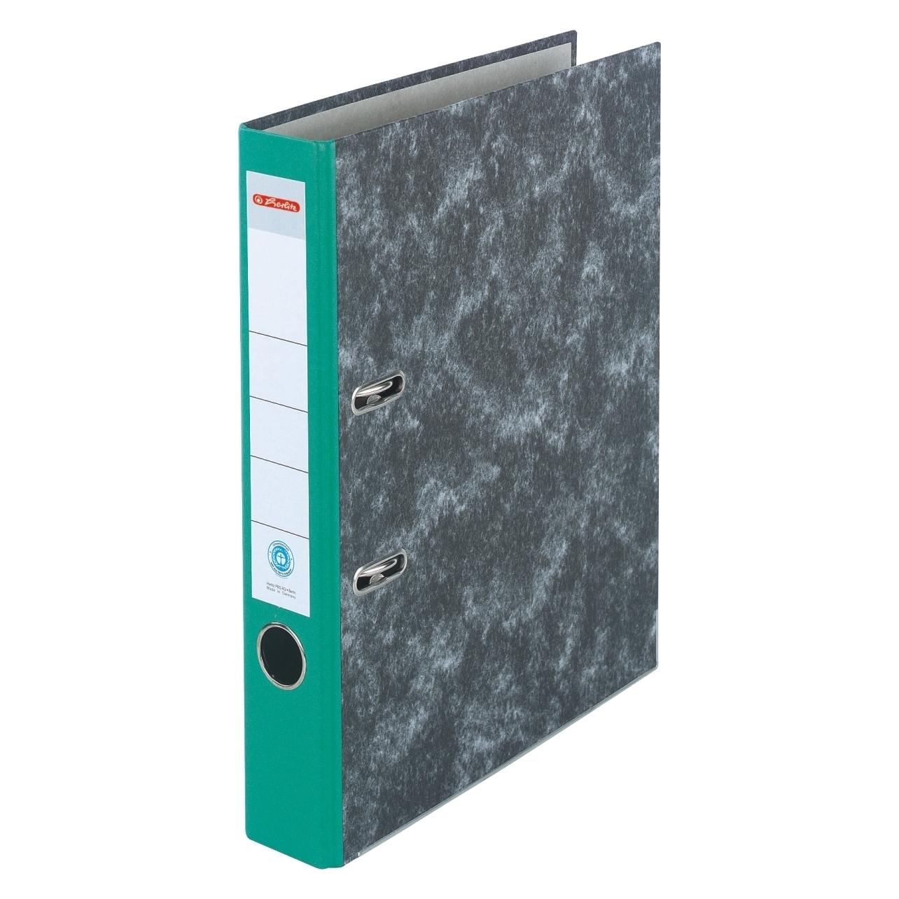 Herlitz Recycling-Ordner, Rückenbreite: 50 mm, grüner Rücken, mit schwarzem Wolkenmarmorpapier-Überzug, inne (A4, 50 mm, 1 Stk.) (5141502)