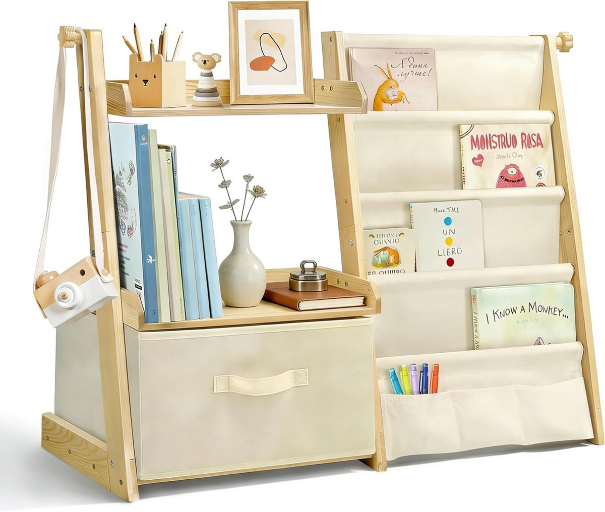 Houten kinderboekenkast voor de kinderkamer en speelhoek