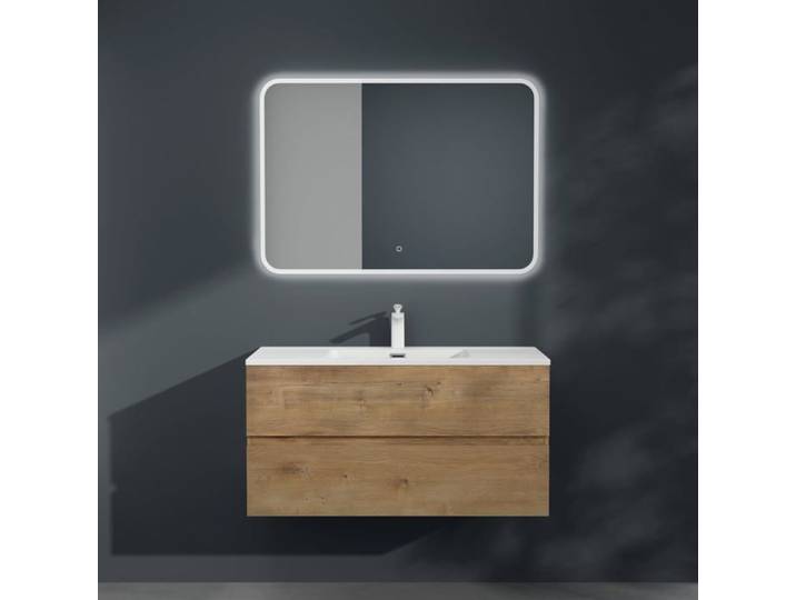 Mai & Mai Meuble sous Lavabo Marron Clair 100x48x50cm Meuble Suspendu avec 2 Tiroirs + Lavabo + Miroir LED sans Robinet Aqu