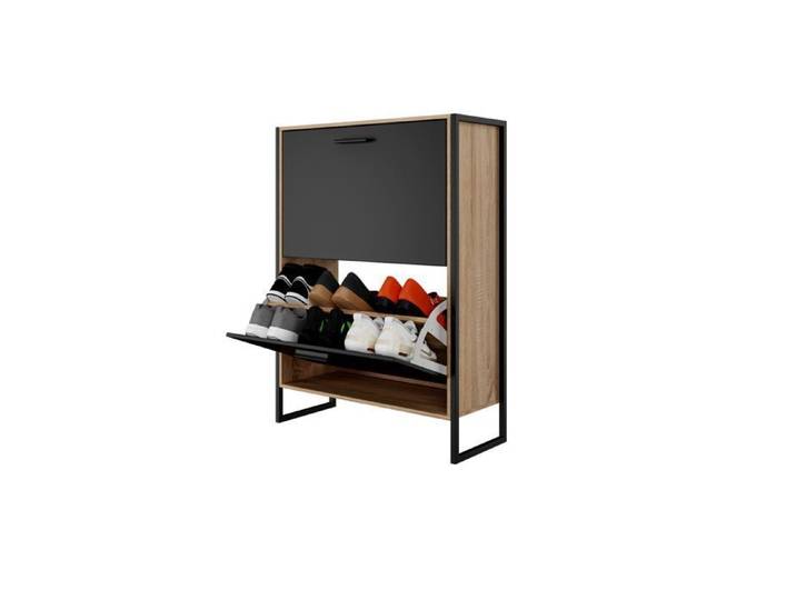 CASABEL Meuble à Chaussures Industriel 12 paires Grande capacité Étagères réglables Noir et Cadre Bois