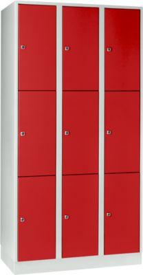 Wertfachschrank 300 mm, 3 Abteile, 9 Fächer, Sicherheitszylinderschloss, Sockel, feuerrot
