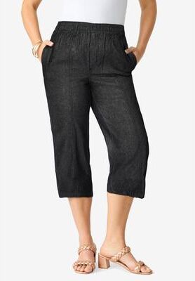 Plus Size Women's Plus Size Easy-Wear Straight Leg Capri by Roaman's in Black Denim (Size 26 W)