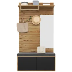Kompaktgarderobe 100x190x38 mit Spiegel, Polsterkissen, Schuhschrank und Haken in Schwarz, funktional und stilvoll