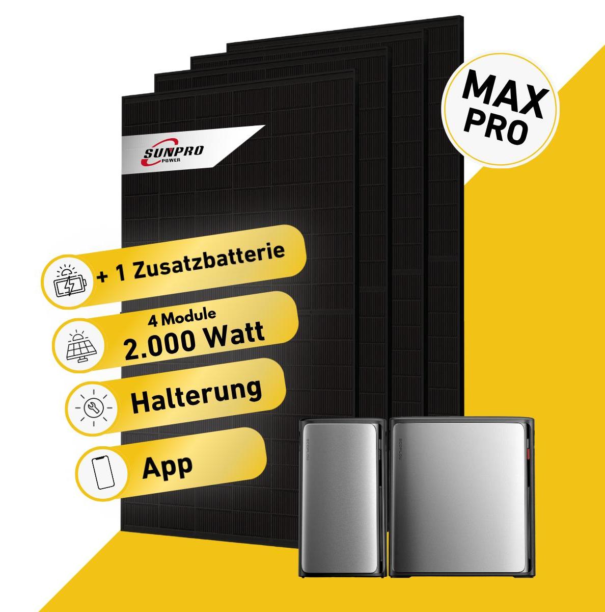Balkonstrom Balkonkraftwerk 2000W Solaranlage mit Speicher | 1xZusatzspeicher | 4xSolarmodul | SunEnergyXT 500 Pro