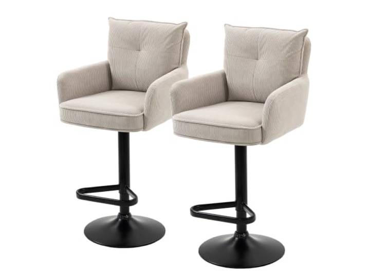 home24 Drehbarer Barstuhl 2er Set Metall Textil Bezug: Cord, Gestell: pulverbeschichtetes Eisen, modernes Design, Beige, 58 x 54 x 98 cm
