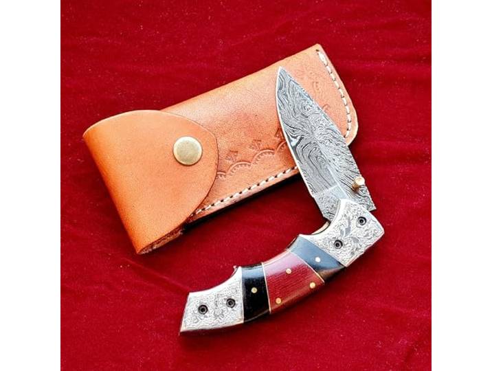 CRAFTOMATIK Gravierte Damast Stahl Taschenmesser Klappmesser Büffelhorn, Ebenholz, Edelstahl Griff Handgefertigt Outdoor Damastmesser Camping Messer FK51