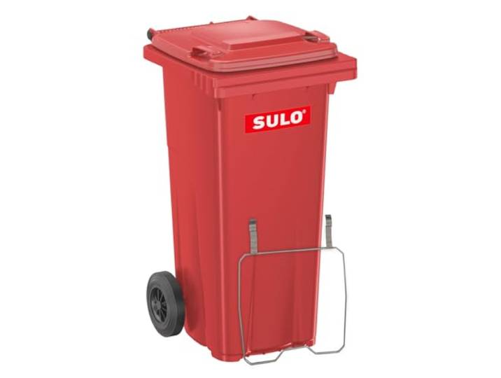 Sulo 120 Liter Müllbehälter Mülltonne Abfalltonne + Müllsack-Haltering Rot Für alle DIN-Kammschüttungen Made in DE Extra Starker Kunststoff Vollgummiräder Leicht zu Reinigen UV-Fest