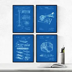 POSTER Set mit 4 Blau Patent für Musikinstrumente A4 Rahmenlos