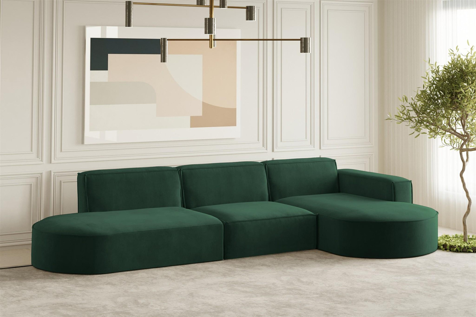 Designbank PALMA Ecksofa met hocker aan de rechterkant, groen stof Noel
