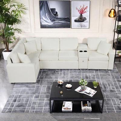 ZWYO HOSIMU "120.5"" Chenille L-Shaped Convertible Sofa Bed with Pull-Out Bed, Storage Ottoman & Cup Holders"
