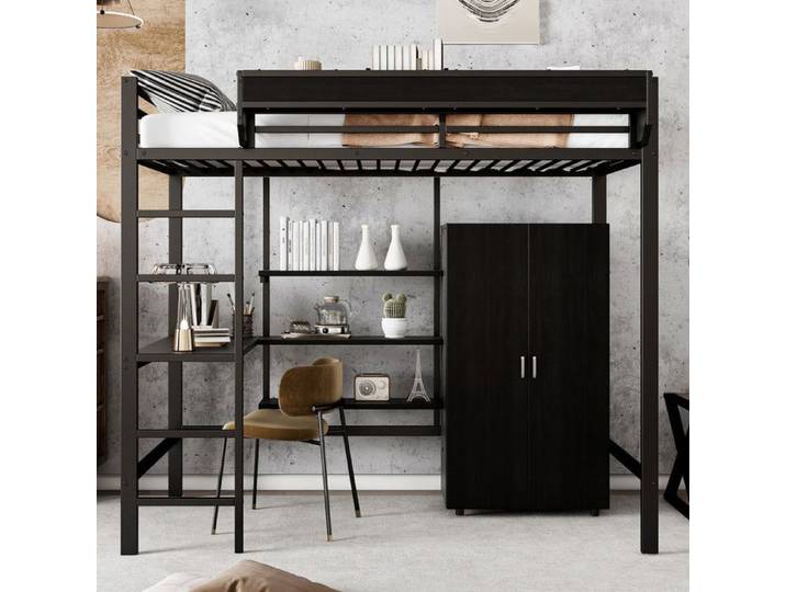 Lit Mezzanine Métal Noir 90x200cm - Armoire 2 Portes & Bureau - Rangement Maxi - Certifié EN747 - Parfait Studio/Ado