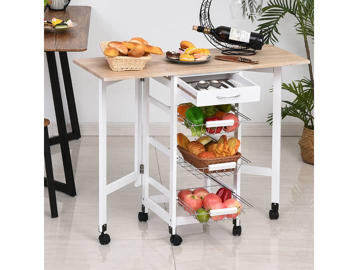 HOMCOM Desserte Cuisine Roulettes Blanc Chêne 3 Paniers+Tiroir