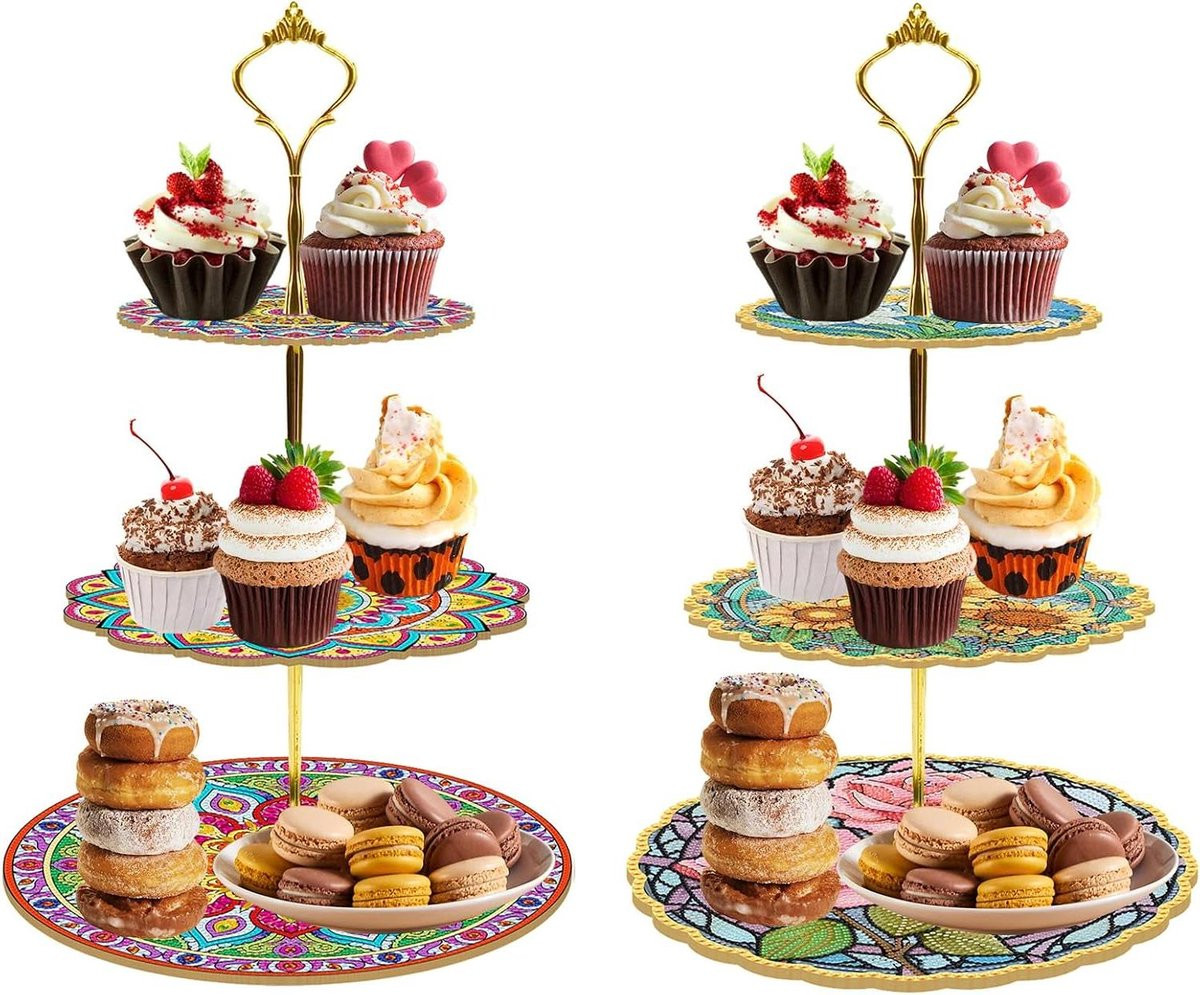 Dienblad Decoratie Set met 3-laagse Dessert Toren in Mandala Bloem Motief voor DIY Diamant Schilderen