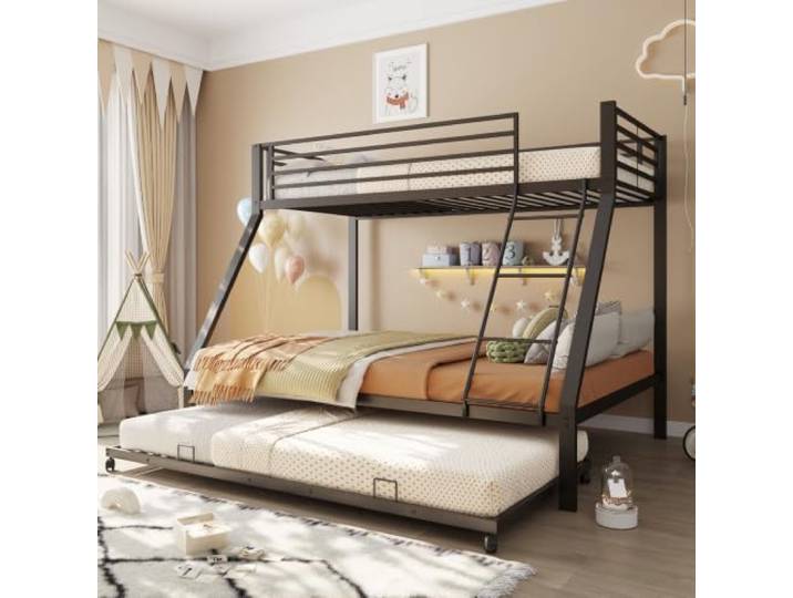 XINGNING Etagenbett Metall Familienbett mit Rausfallschutz, Sicherheitsleiter und Lattenrost, Stabile Konstruktion für Kinder, Jugendliche und Erwachsene (Black + Metal + Bedroom)