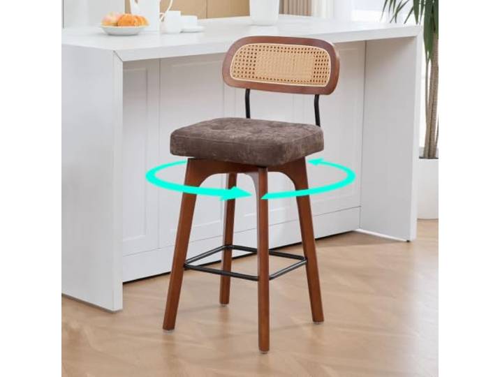 Miawtro Barhocker Set 2 Rattan Rückenlehne Chenille drehbar (Kaffee) Barhocker Set 2, Chenille Sitzfläche, Rattan Rückenlehne, 360° drehbar, Metallfußstütze, Küche Frühstückstheke Bar