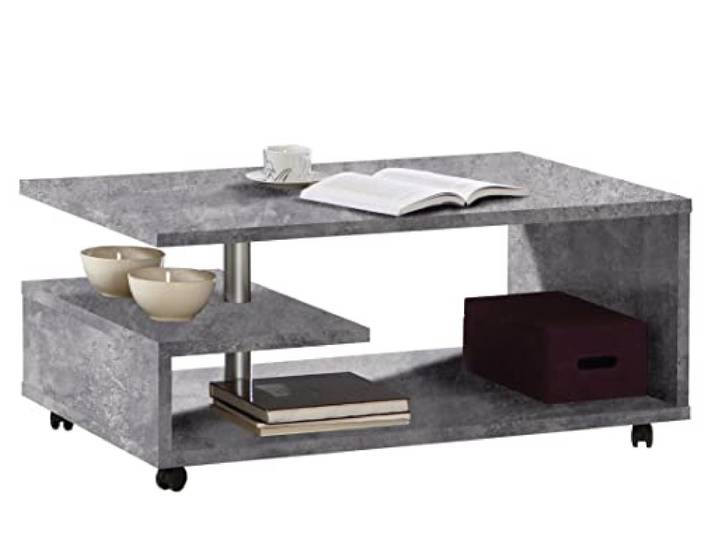 Newroom Couchtisch Betonoptik Lichtgrau modern Wohnzimmertisch mit Rollen offene Ablagefächer, silberne Mittelsäule, Sofatisch, Stubentisch, Industrial Design, fürs Wohnzimmer