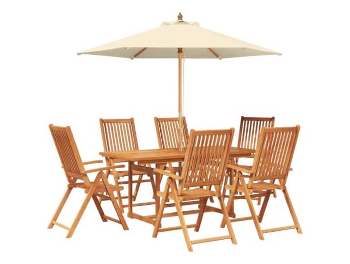 KTHLBRH Outdoor-Lunch-Set mit Sonnenschirm, 8-teilig, aus Akazienholz Ausziehbarer Tisch, 5 Positionen verstellbare Stühle, verstellbarer Sonnenschirm, Polyestergewebe, Eukalyptus-Stange