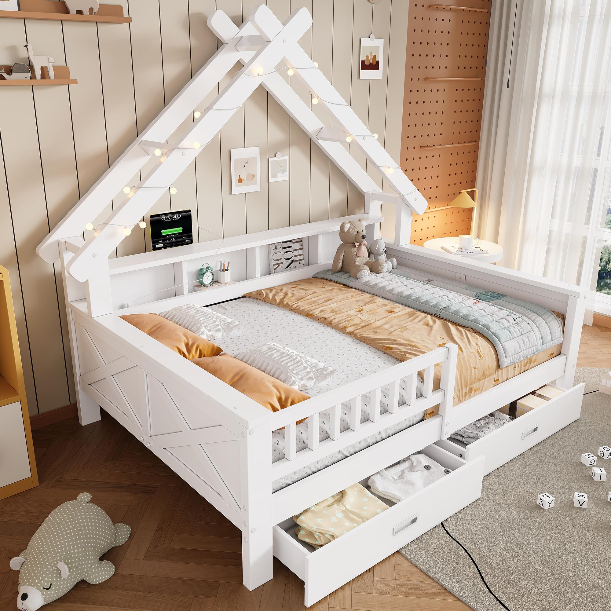 MODFU Jugendbett 140x200 Plattformbetten in Hausform,Kinderbett Doppelbett mit LED und Schutzgitter,Hausbett mit Schubladen, ohne Matratze,Weiß