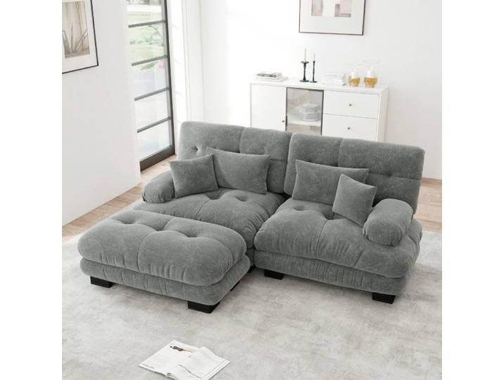 Canapé d'angle 2 places - LANGTU - Cloud - Chenille grise - Capitonné - Convertible avec poufs