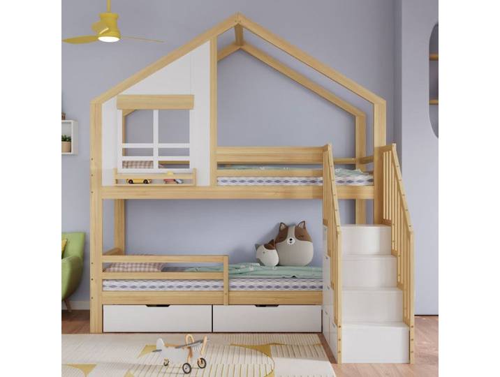 Lit Mezzanine Cabane Superposé 90x200 cm lit superposé cabane enfant bois naturel multiples tiroirs de stockage