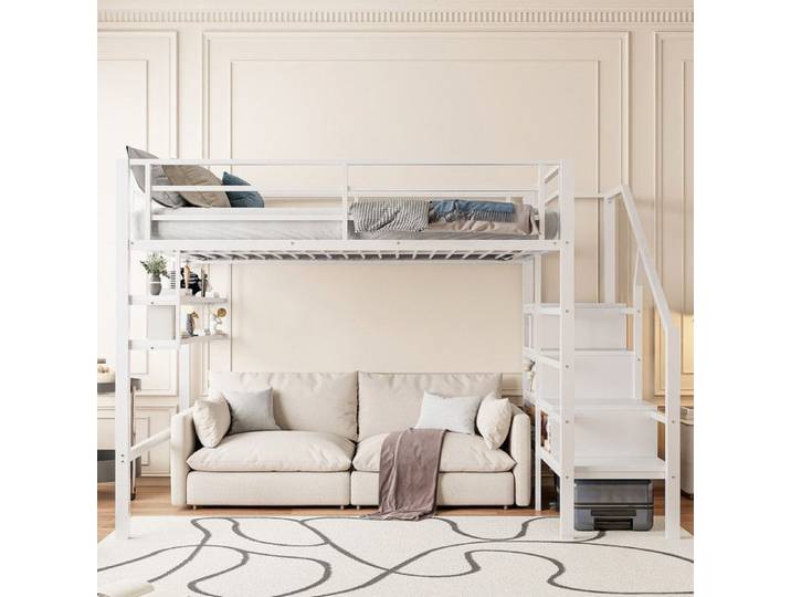 Lit mezzanine 140x200 cm - Cadre en fer - Étagères de rangement - Garde-corps sécurisé - Design contemporain