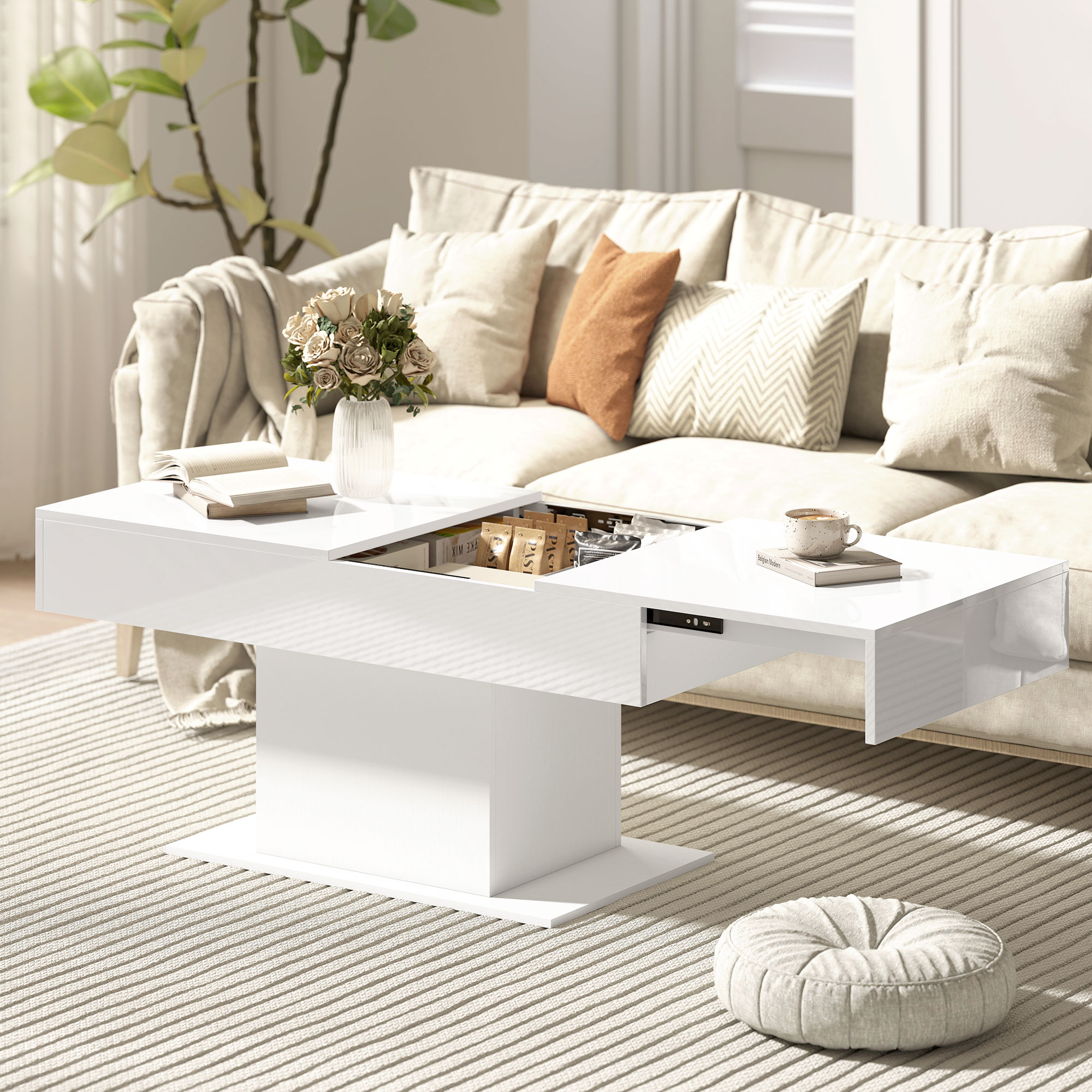 Homcom Tavolino da Caffè Estensibile con Vano Contenitore Moderno, 108-178.5x53x49 cm, Bianco Lucido   Aosom Italy
