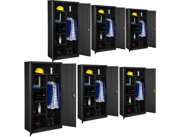 Lot de 6 Vestiaires métallique comprenant 6 casiers et 1 penderie intégrée 180x90x40cm - noir