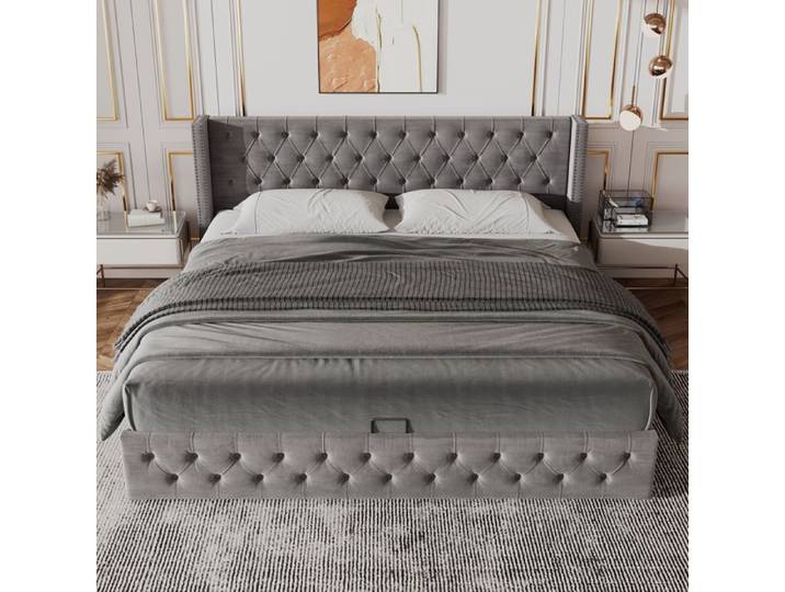 OKWISH Lit Rembourré Adulte 140×200cm - Cadre de Lit Hydraulique avec Fond Non-Tissé Anti-Salissures - Velours Gris
