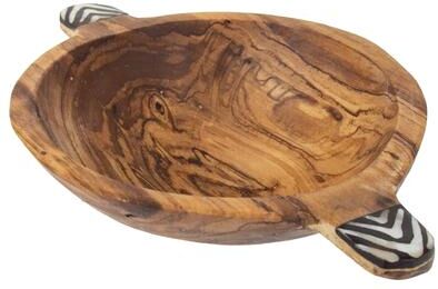 Global Crafts Rustic Olive Wood Bowl with Batik Bone Inlay Handles, 6-inch