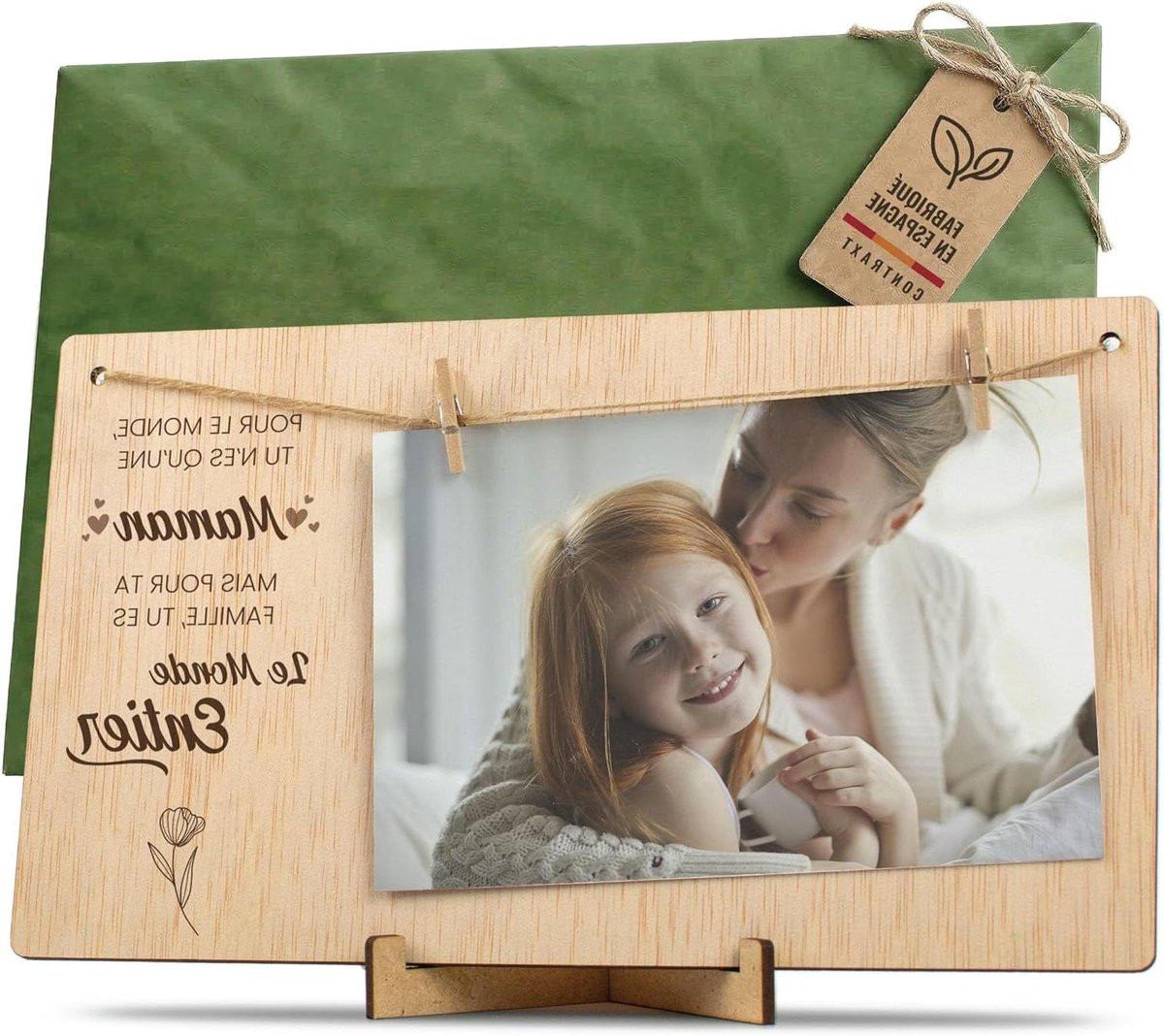 Fotohouder van natuurlijk hout met clips voor foto's van 10x15 cm