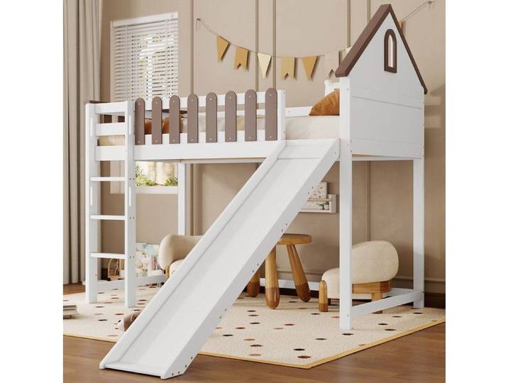 MEULVA Lit mezzanine enfant 90 x 200 cm avec toboggan échelle droite 3 marches pin et MDF blanc