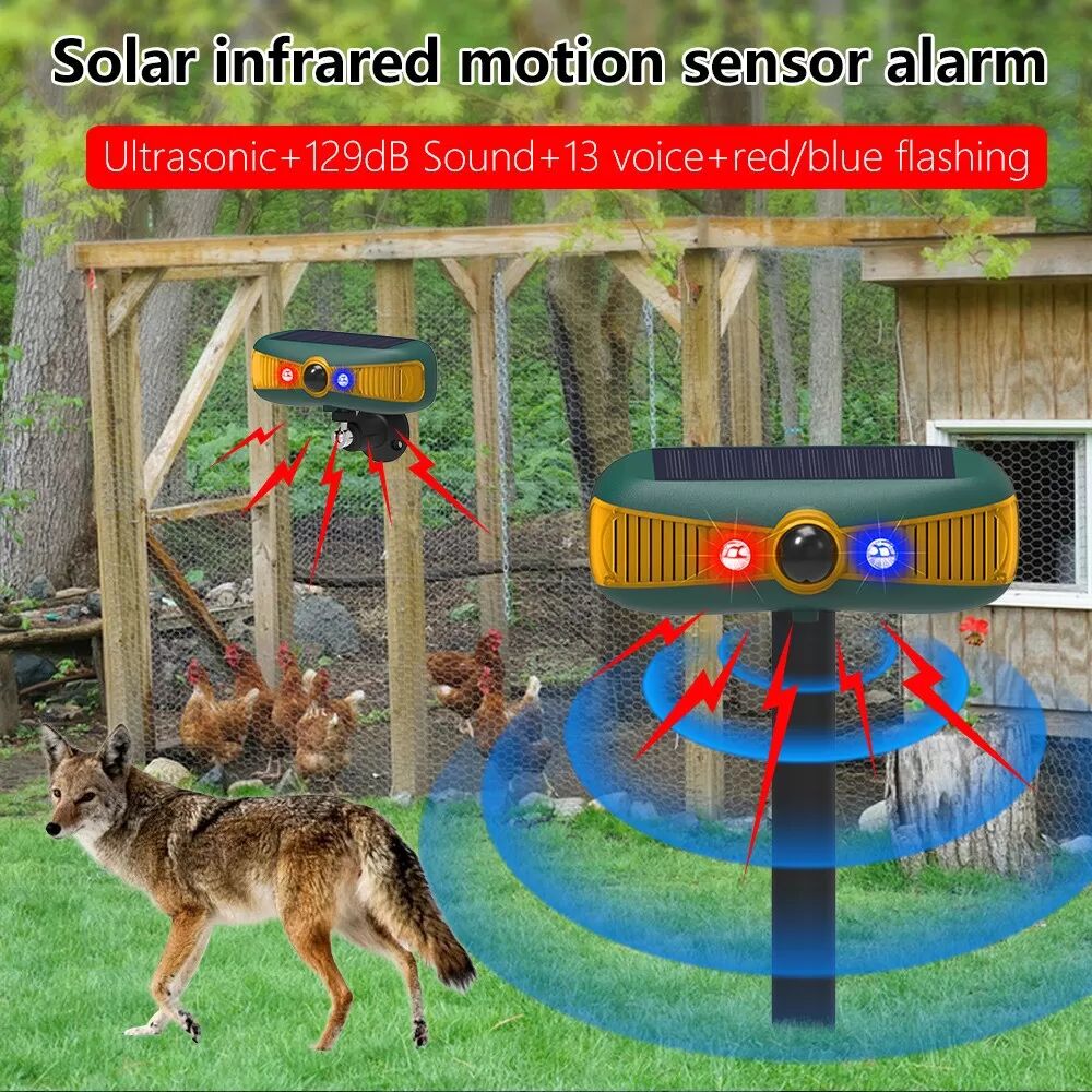 INF Solarbetriebener Alarm mit Sprach- & Ultraschall-Tierabwehr – Bewegungssensor, Ton- & Lichtwarnung