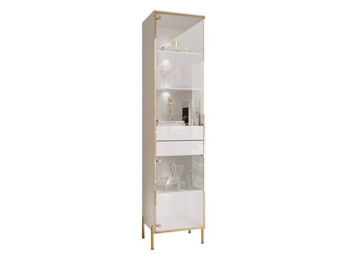 VITRINE AURORA in Weiß hochglanz mit LED-Beleuchtung mit gerade Goldchrom Fuße