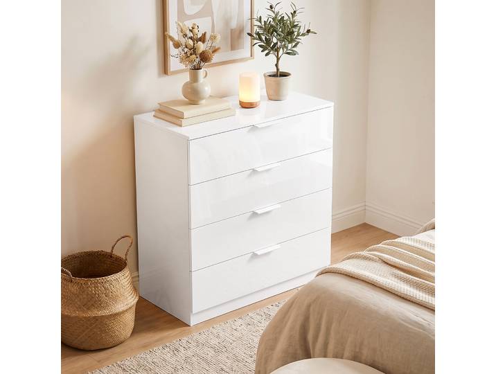 HOMCOM Commode Blanc Laqué 4 Tiroirs Glissières Coulissantes