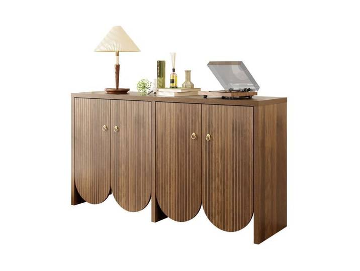 Buffet bas - SOGEU - 150x40x80 - Finition noyer résistante à l'humidité - 4 portes - Étagères réglables