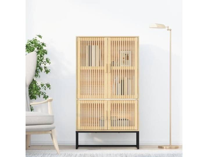 Buffet haut - AKOZON - 70x35x125 cm - Bois d'ingénierie - Style scandinave - Portes en pin massif