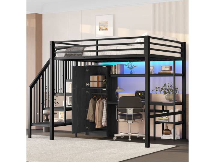 Lit mezzanine 140x200cm - MODERNLUXE - Bureau et penderie - LED - Escalier de rangement - Métal - Noir (matelas non inclus)