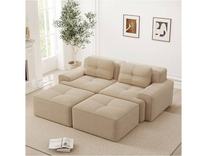 Canapé modulaire SENVIRO - deux places assise profonde en velours côtelé beige