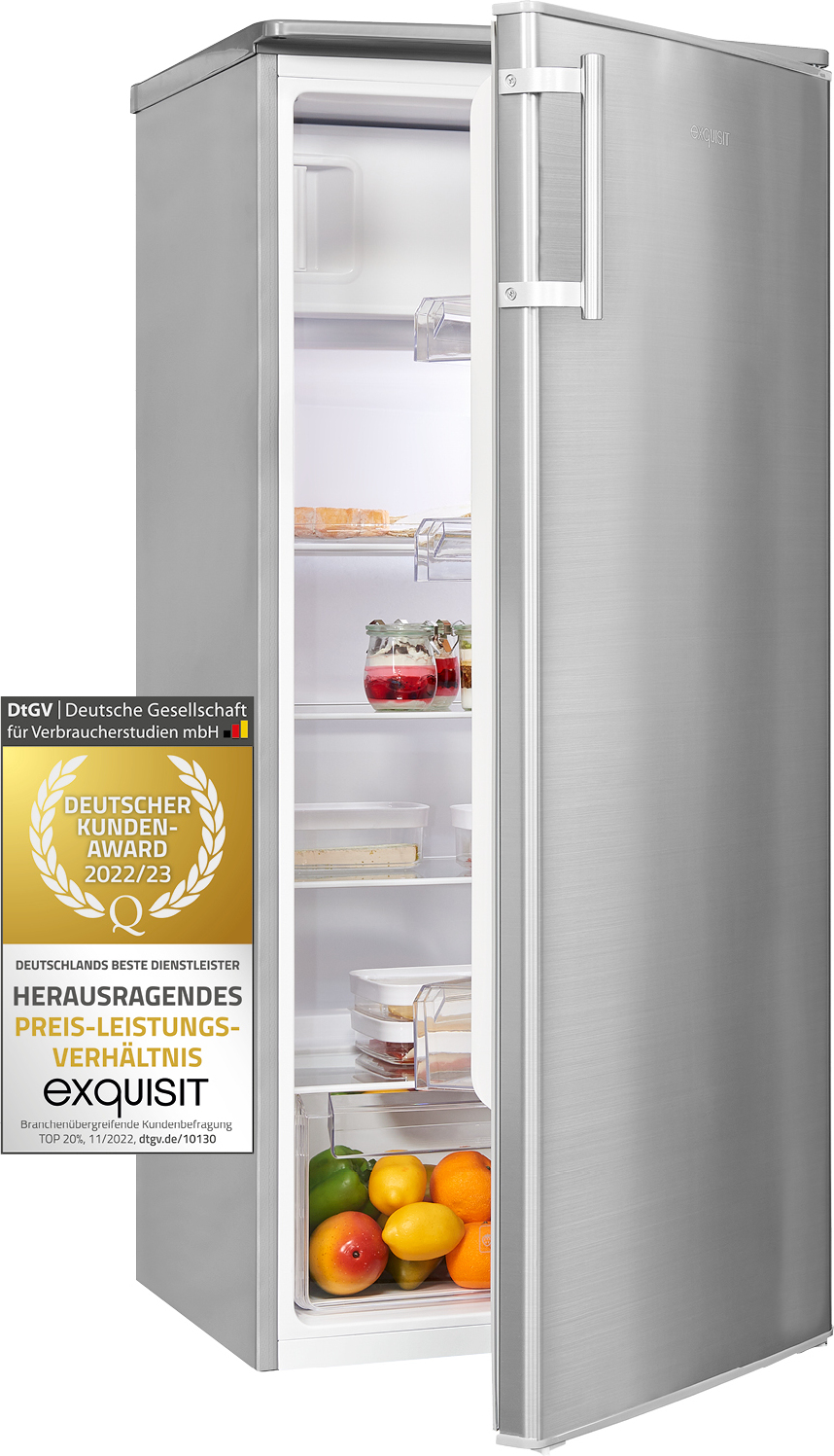 Exquisit Kühlschrank KS185-4-HE-040E inoxlook | 190 l Nutzinhalt | Schnell-Kühlfunktion | Alarm